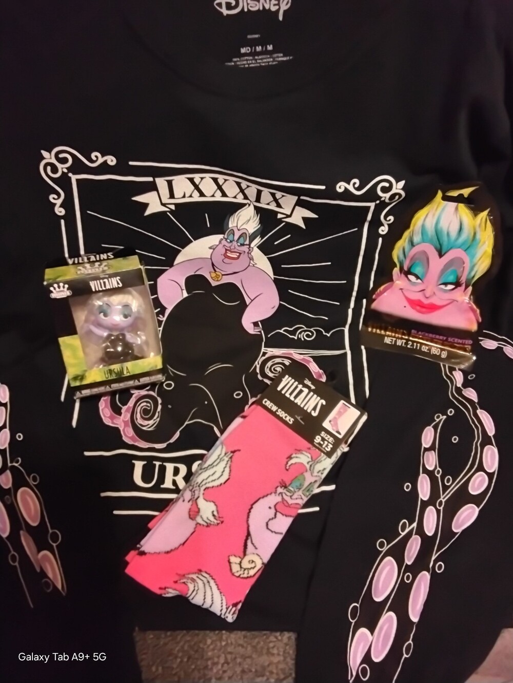 Disney Ursula Graphic  Tarot Long Sleeve Tee Med and Pink Villains Socks Bundle.